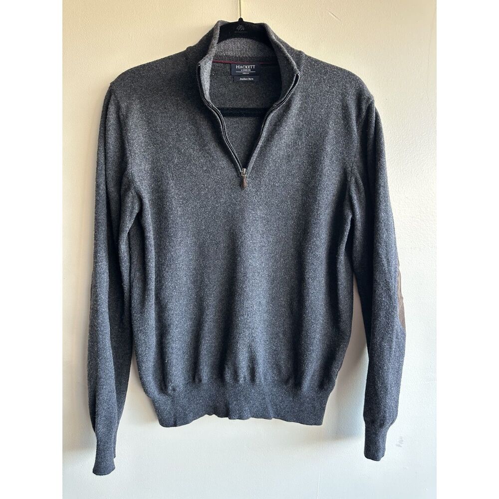 Hackett London Men’s M Merino Wool Cashmere Quarter Zip Sweater Charcoal